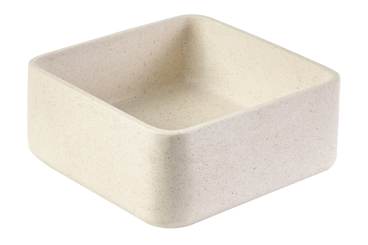 Quadratisches Waschbecken aus beigem Naturstein, 30 cm, in 3/4-Ansicht mit abgerundeten Ecken.