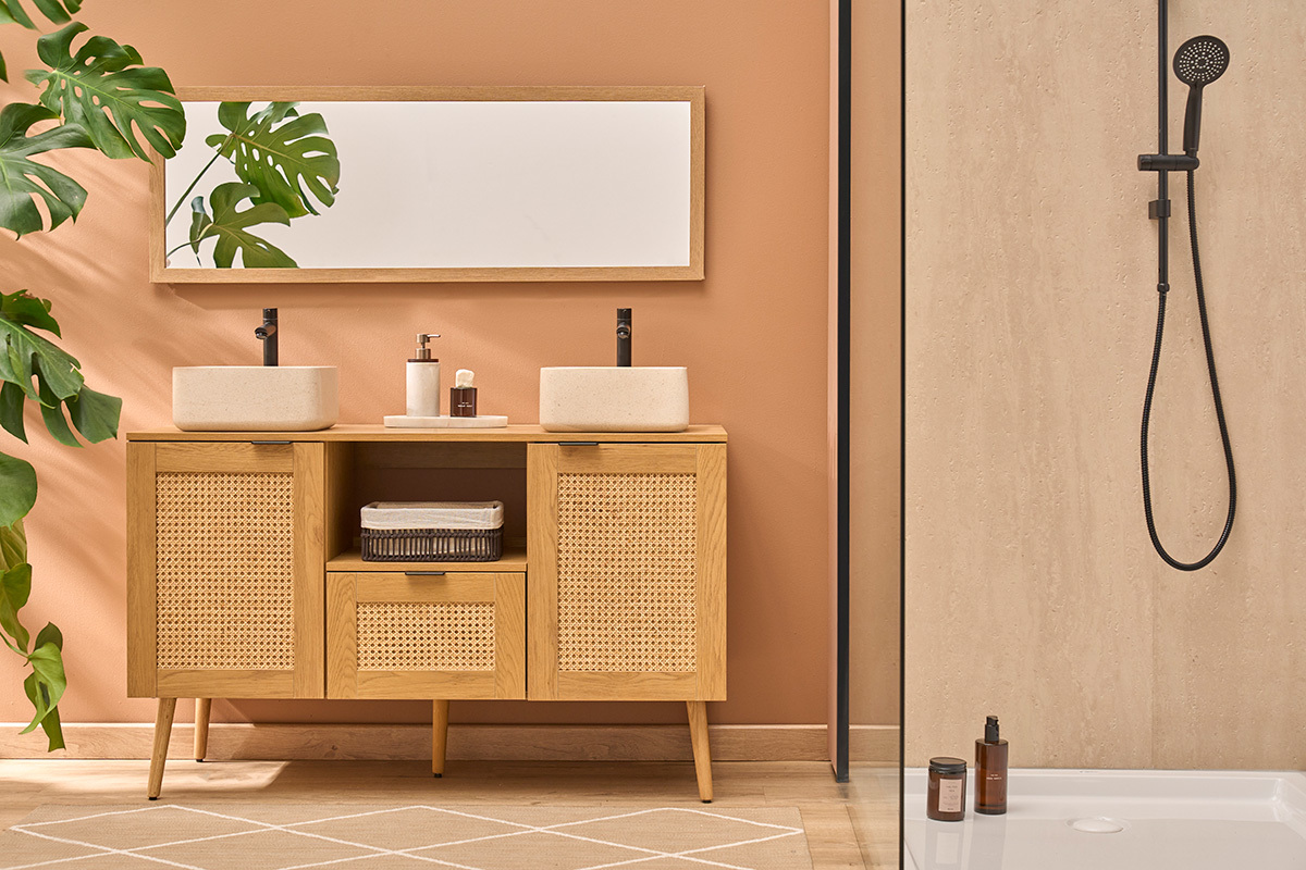 Quadratisches Waschbecken aus nat�rlichem beigem Stein L30 cm FENG