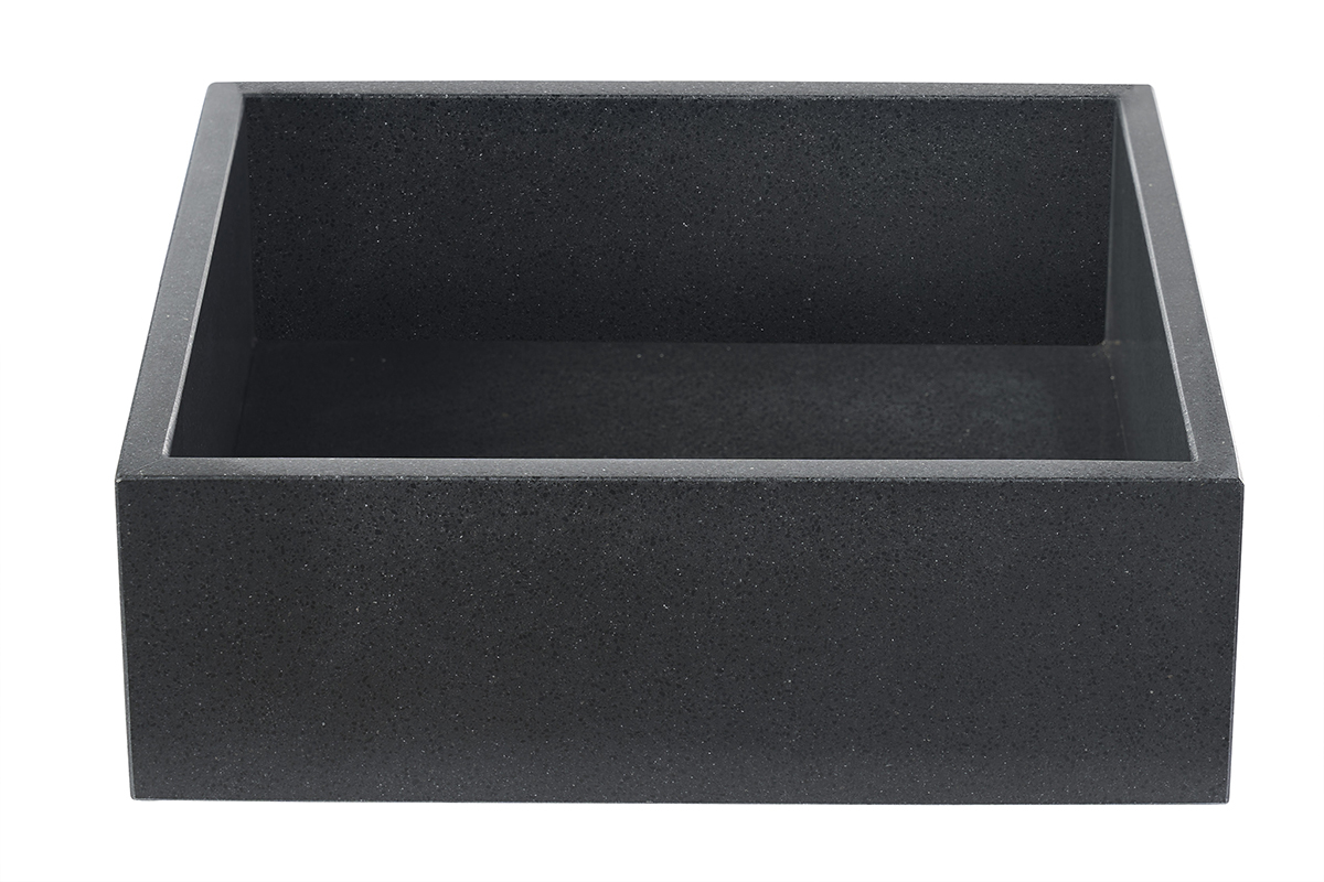 Quadratisches Waschbecken aus schwarzem Terrazzo, Frontansicht, Ma�e L40 x T40 x H13 cm