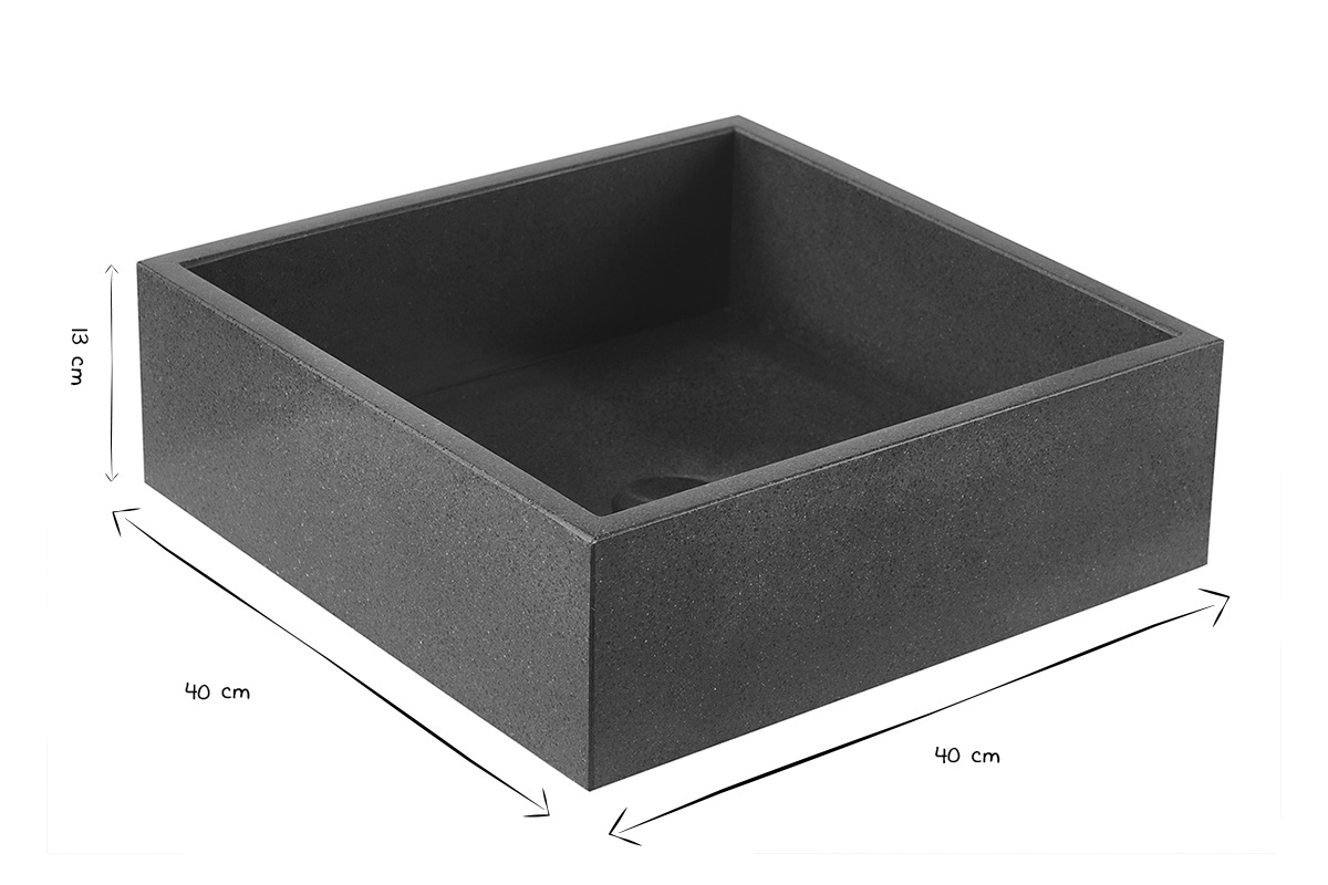 Quadratisches Waschbecken aus schwarzem Terrazzo mit den Ma�en L40 x T40 x H13 cm in Schwarz und Wei�.
