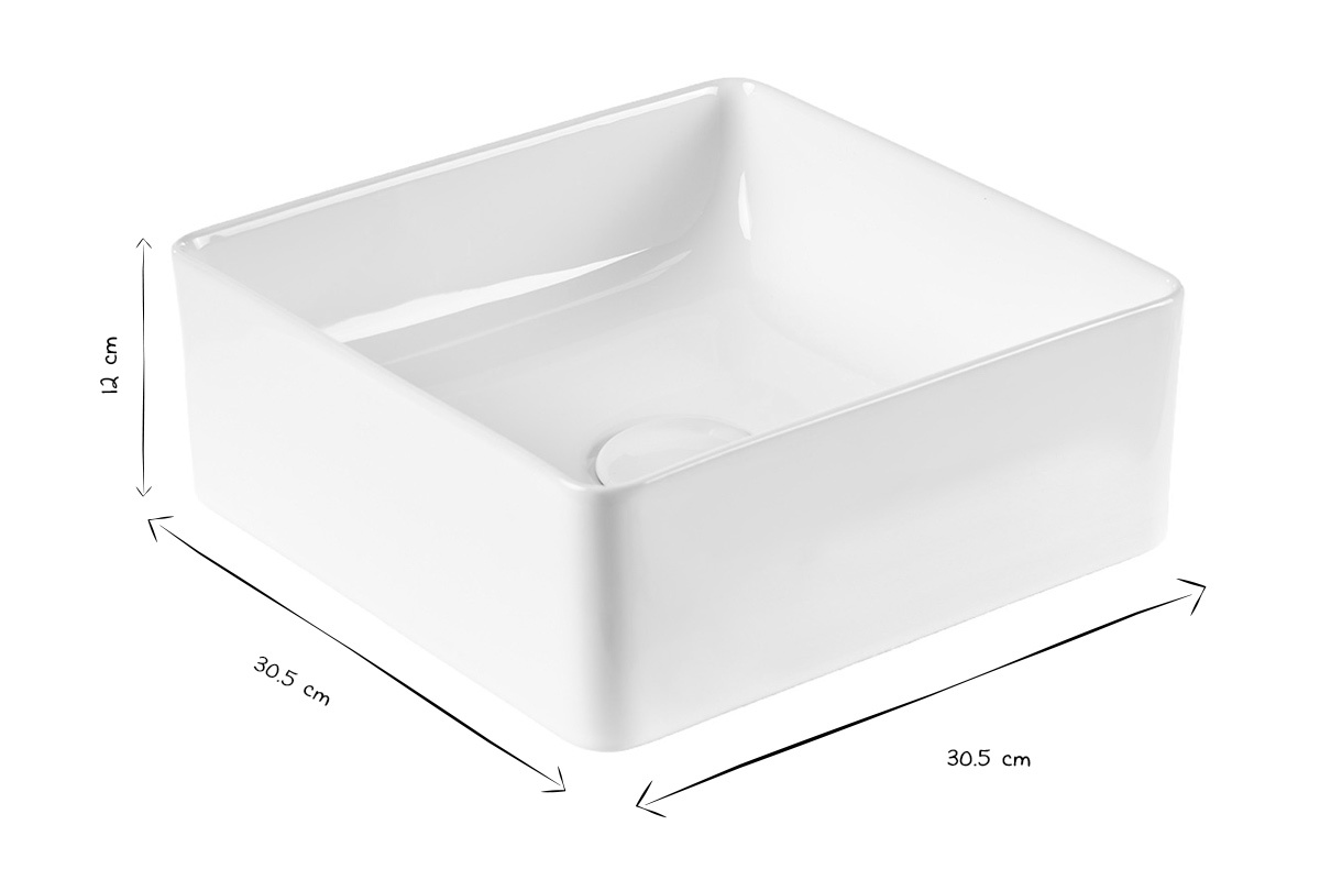 Quadratisches Waschbecken aus wei�er Keramik, L 30,5 cm, Ma�e in Schwarzwei�: 30,5 x 30,5 x 12 cm.