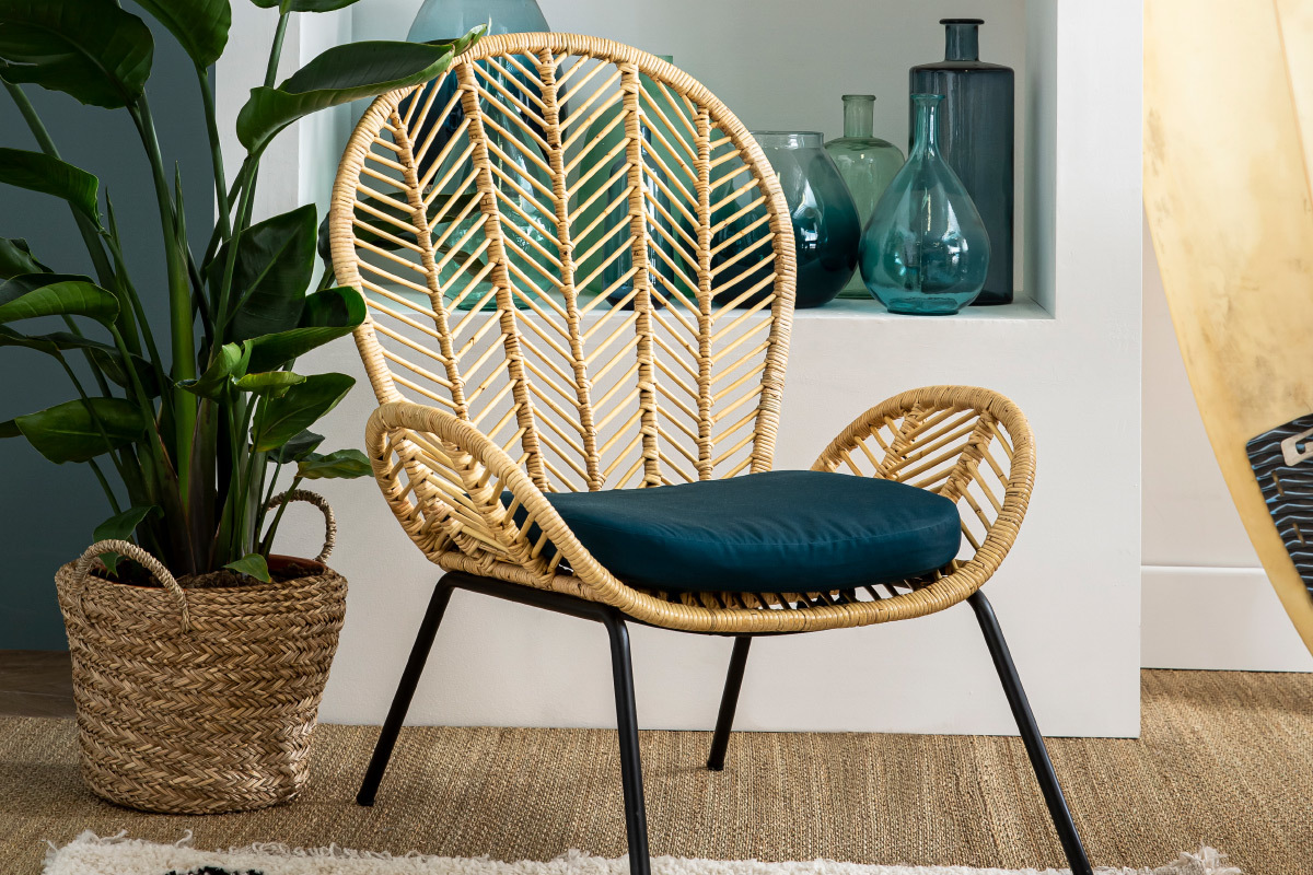 Rattan-Sessel mit petrolblauem Stoff PEACOCK