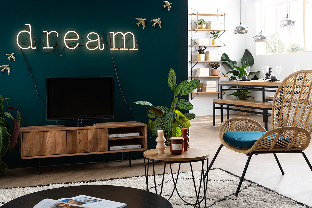 Rattan-Sessel mit petrolblauem Stoff PEACOCK