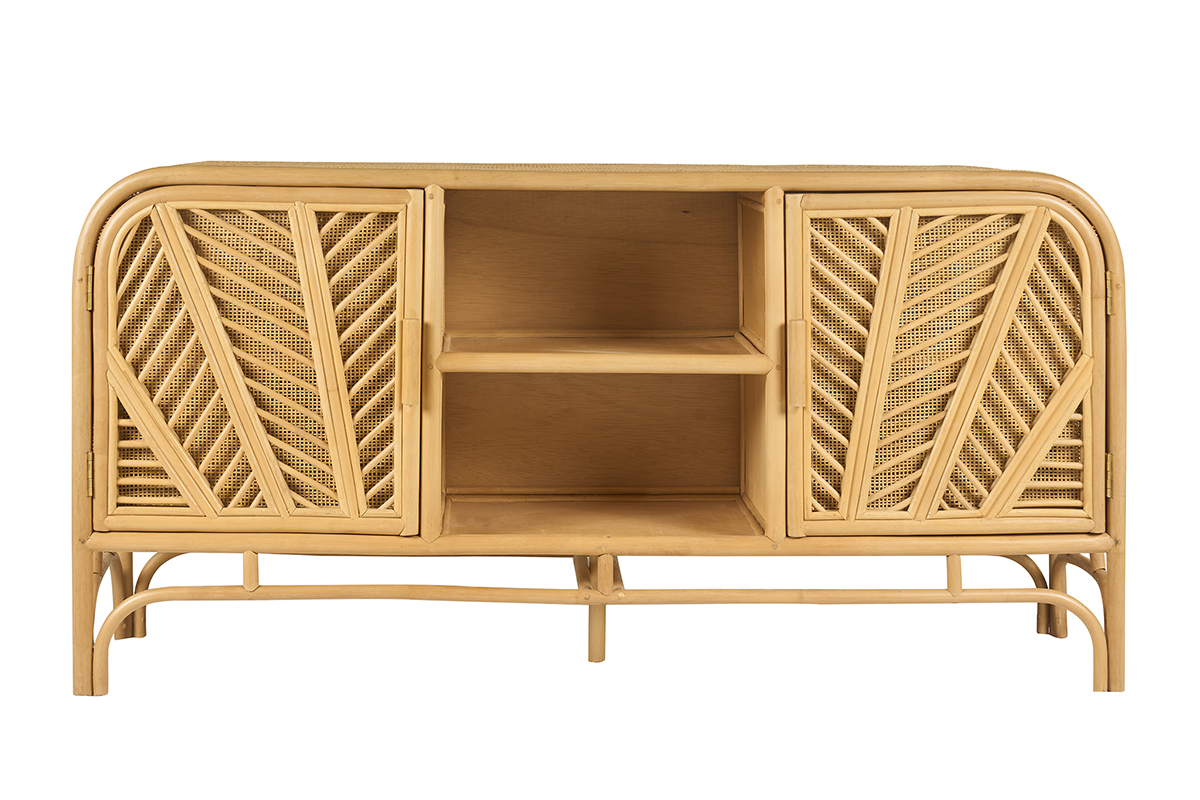 Vintage-Rattanbuffet mit zwei T�ren und offenen Mittelregalen, Frontansicht.