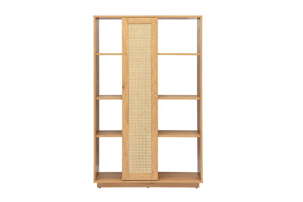 Trennbcherei aus hellem Holz mit Rattangeflecht-Tr, Frontansicht.