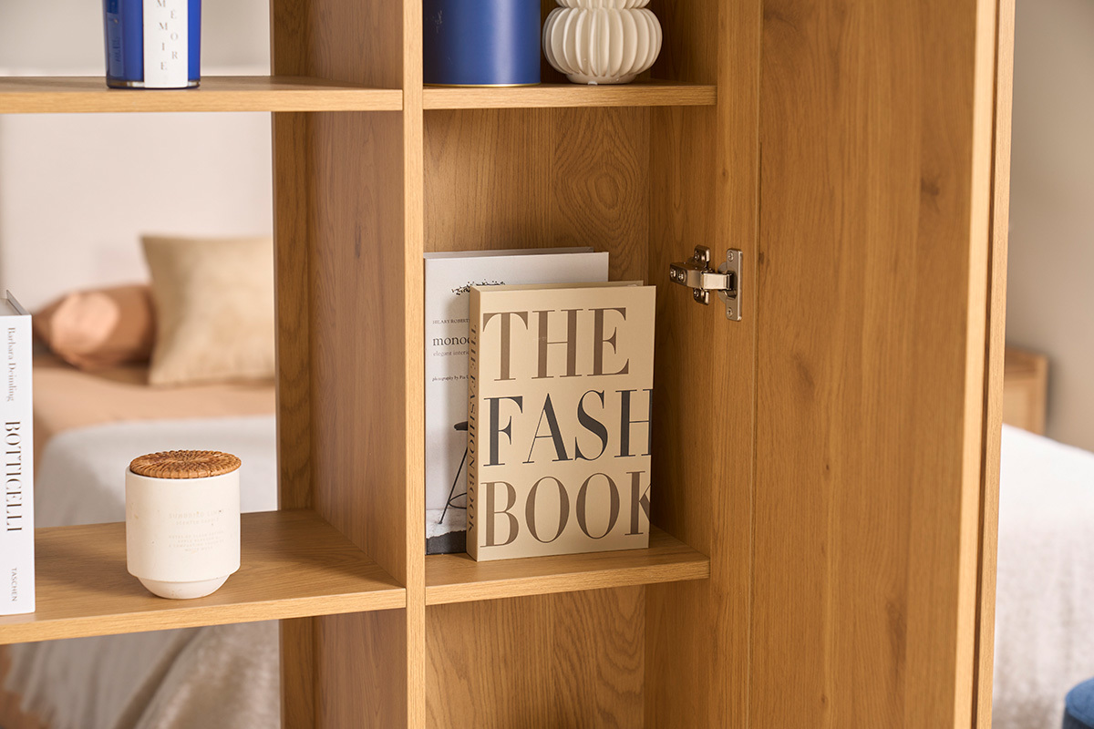 Raumteiler-B�cherregal mit Aufbewahrung in heller Eichenholzoptik und Rattangeflecht L100 cm ALICANTE