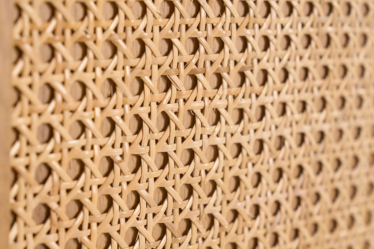 Raumteiler-B�cherregal mit Aufbewahrung in heller Eichenholzoptik und Rattangeflecht L100 cm ALICANTE