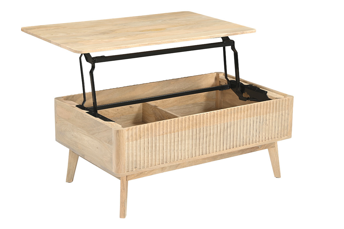Rechteckiger h�henverstellbarer Couchtisch aus massivem Mangoholz mit offenem Schubfach, Seitenansicht.