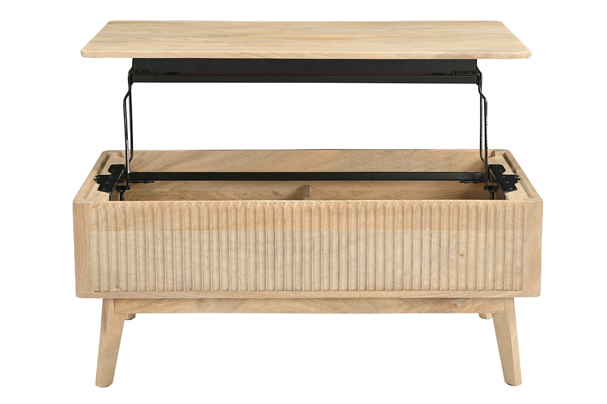 Rechteckiger h�henverstellbarer Couchtisch aus massivem Mangoholz, Vorderansicht mit aufgeklappter Tischplatte.