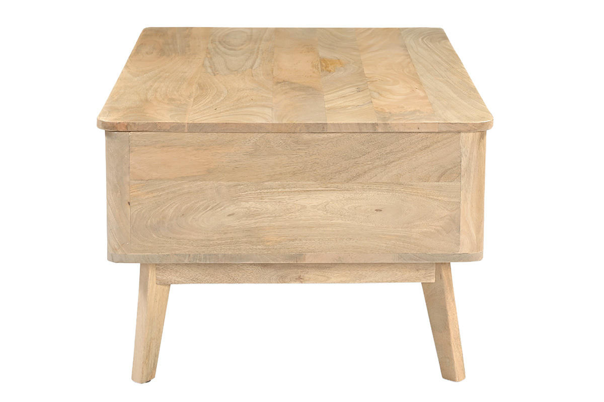 Rechteckiger h�henverstellbarer Couchtisch aus massivem Mangoholz, Seitenansicht.