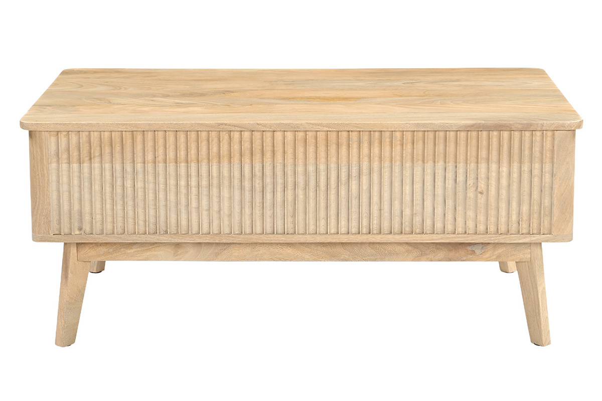 Rechteckiger h�henverstellbarer Couchtisch aus massivem Mangoholz, Frontansicht, zeitgen�ssisches Design.