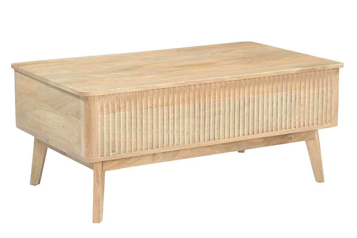 Rechteckiger h�henverstellbarer Couchtisch aus massivem Mangoholz, Dreiviertelansicht