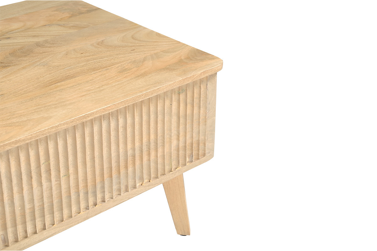 Rechteckiger, h�henverstellbarer Couchtisch aus massivem Mangoholz, Draufsicht, gerilltes Gestell.