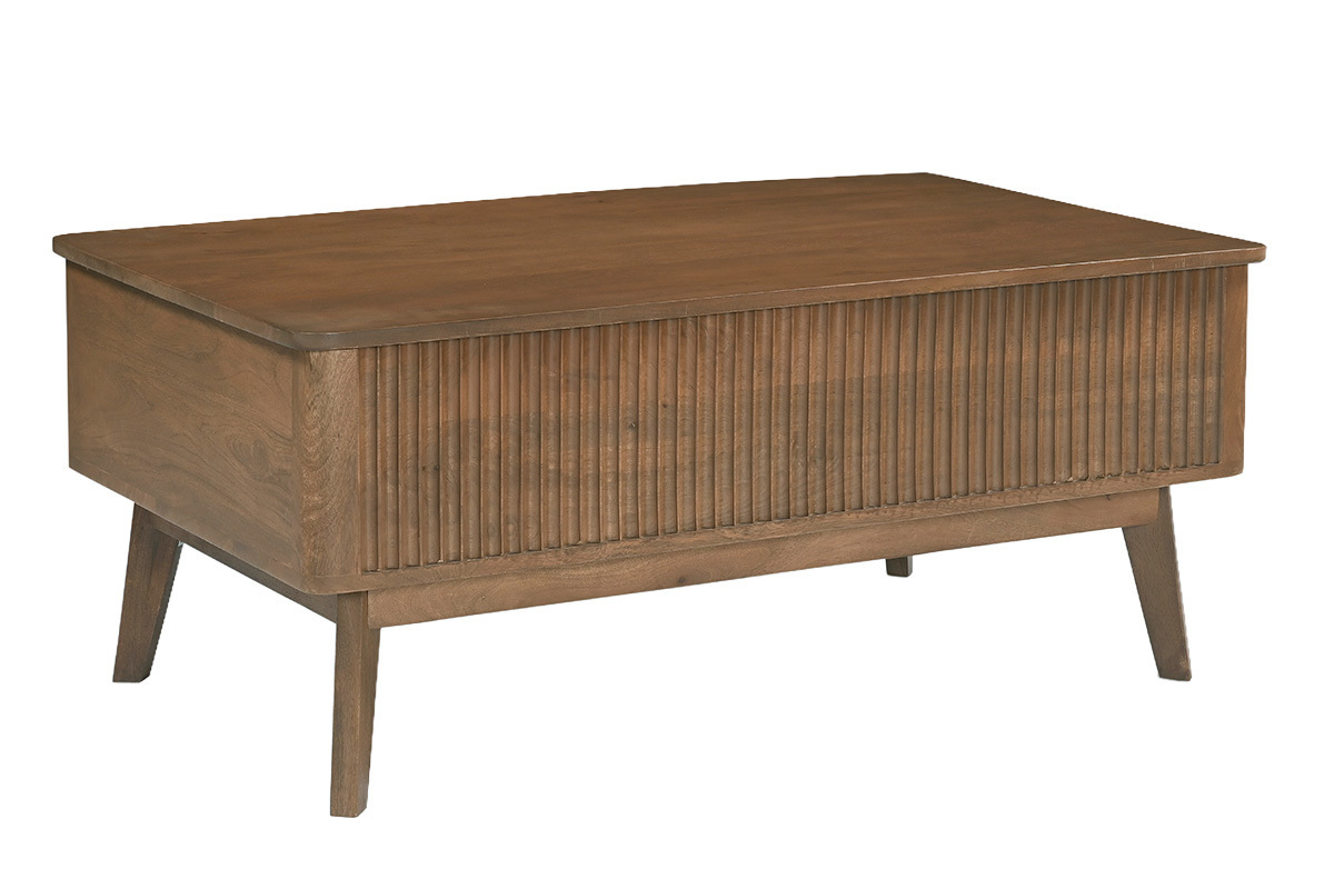 Rechteckiger, h�henverstellbarer Couchtisch aus massivem dunklem Mangoholz, 3/4-Ansicht.