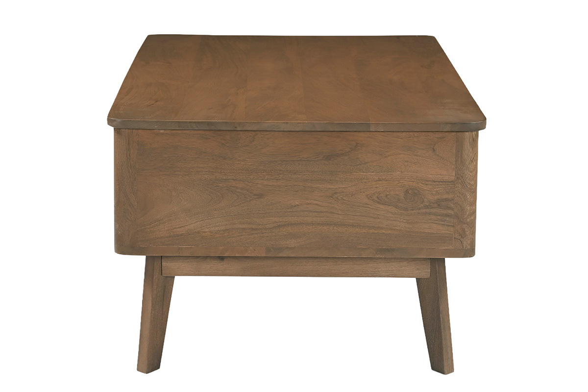 Seitenansicht des rechteckigen h�henverstellbaren Couchtischs aus dunklem Mangoholz, Ma�e L100 cm.