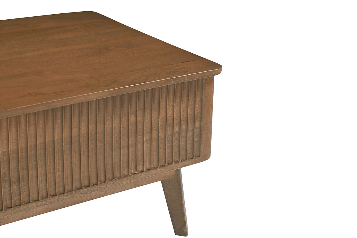 Rechteckiger h�henverstellbarer Couchtisch aus dunklem Holz mit zeitgen�ssischem Design, Seitenansicht.