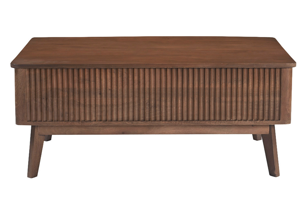 Rechteckiger, h�henverstellbarer Couchtisch aus dunklem Holz mit Reliefdesign, Frontansicht