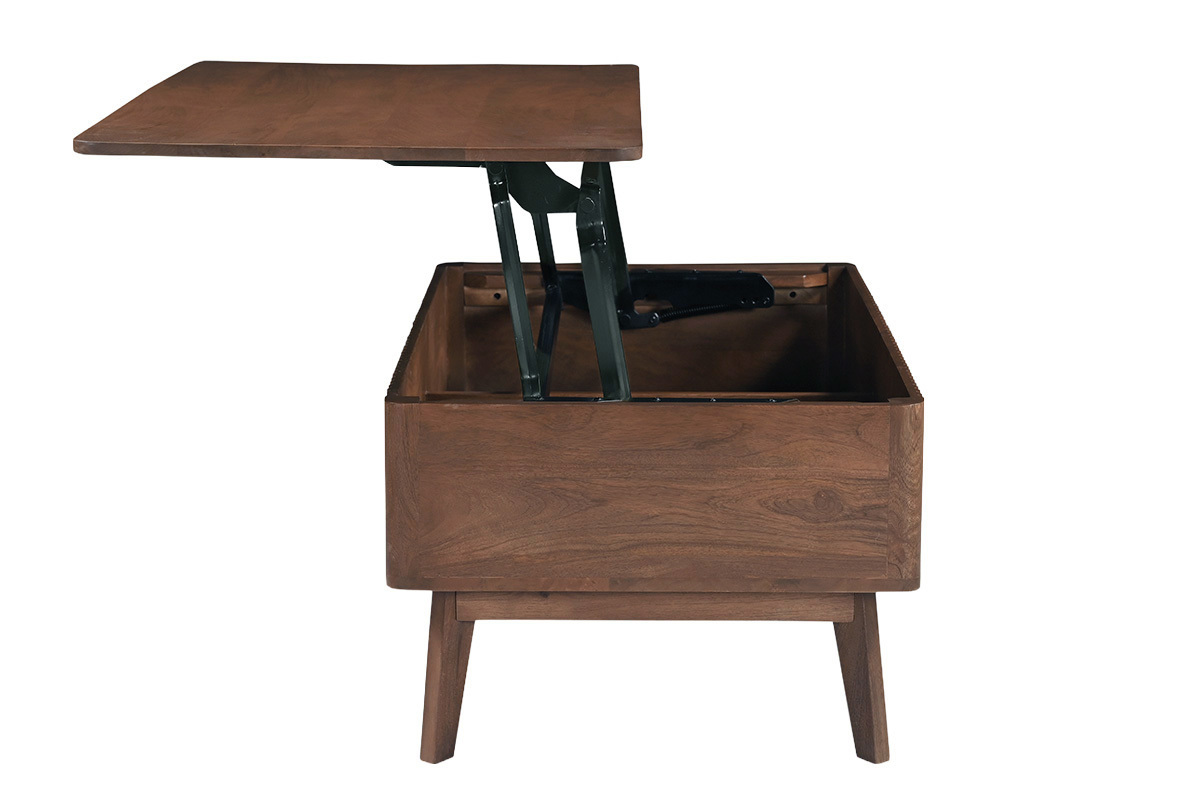 Rechteckiger h�henverstellbarer Couchtisch aus dunklem Holz, Seitenansicht mit ge�ffneten Tischplatte.
