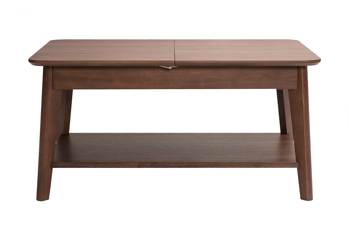 Ausziehbarer rechteckiger Couchtisch aus dunklem Holz, Vorderansicht, Ma�e L90-120 cm.