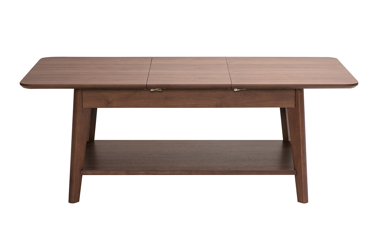 Rechteckiger ausziehbarer Couchtisch aus dunklem Holz, Vorderansicht, Ma�e L90-120 cm.
