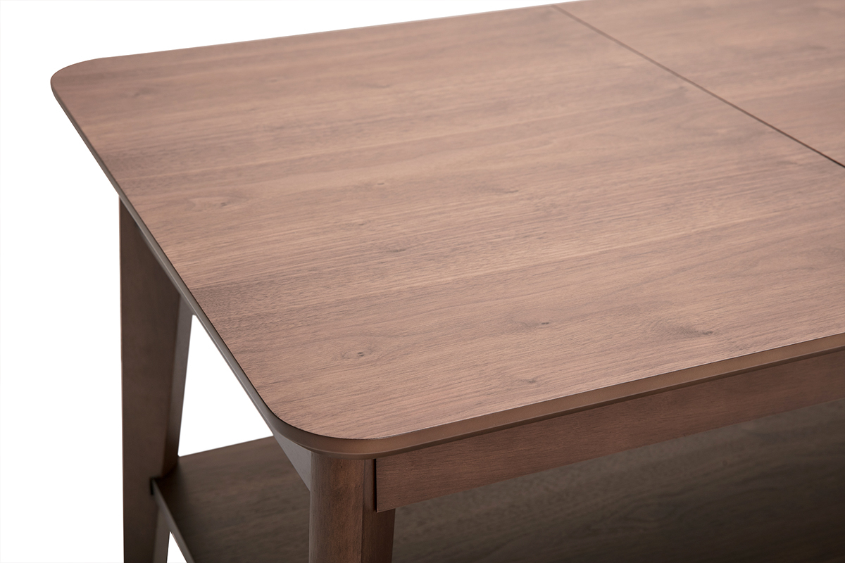Rechteckiger ausziehbarer Couchtisch aus dunklem Holz, Draufsicht, Details der Tischplatte.