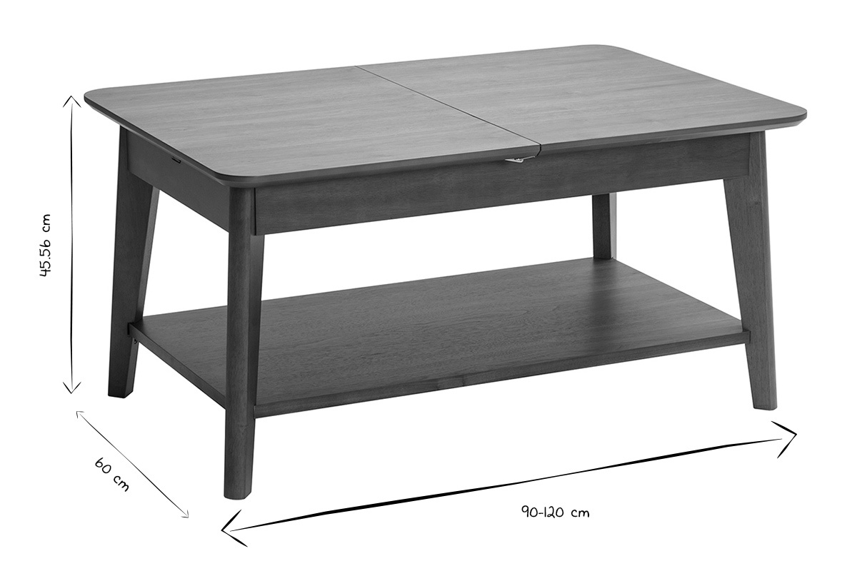Ausziehbarer rechteckiger Couchtisch aus dunklem Holz, Ma�e 90-120 cm, H�he 45,56 cm, Breite 60 cm.