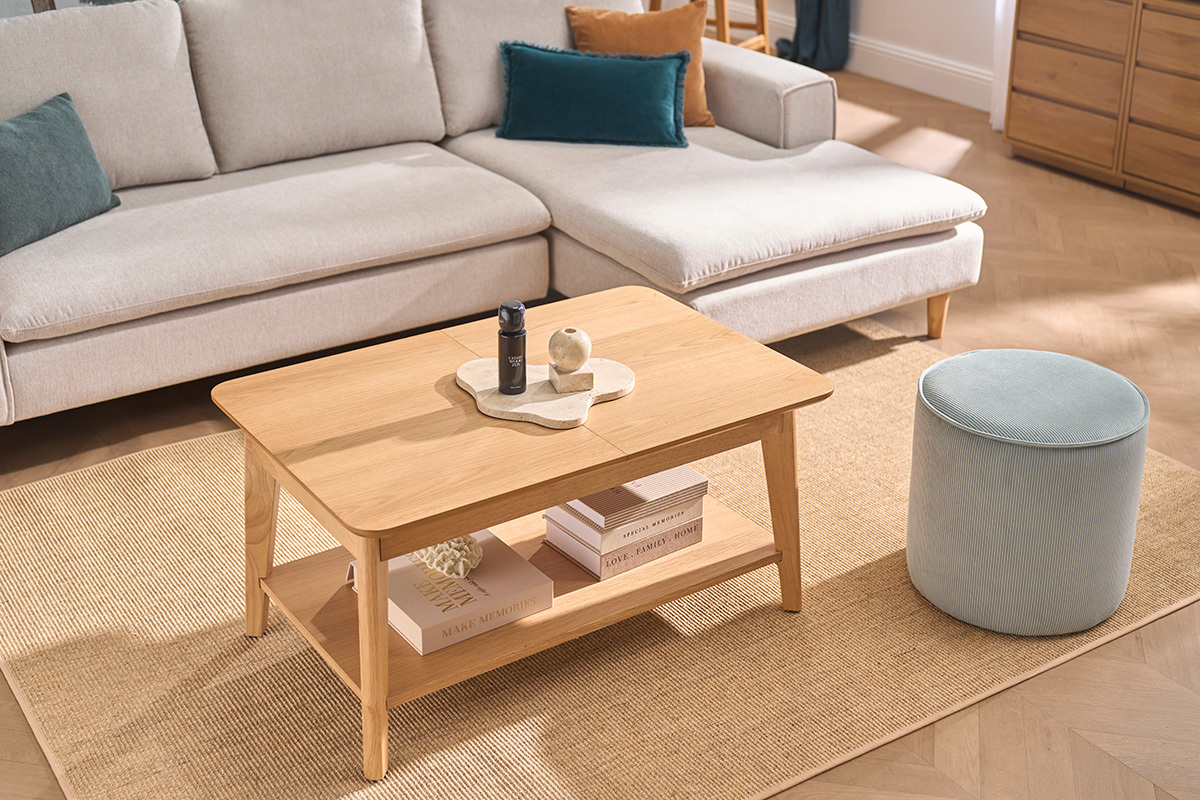 Rechteckiger ausziehbarer Couchtisch aus hellem Holz L90-120 cm VILI