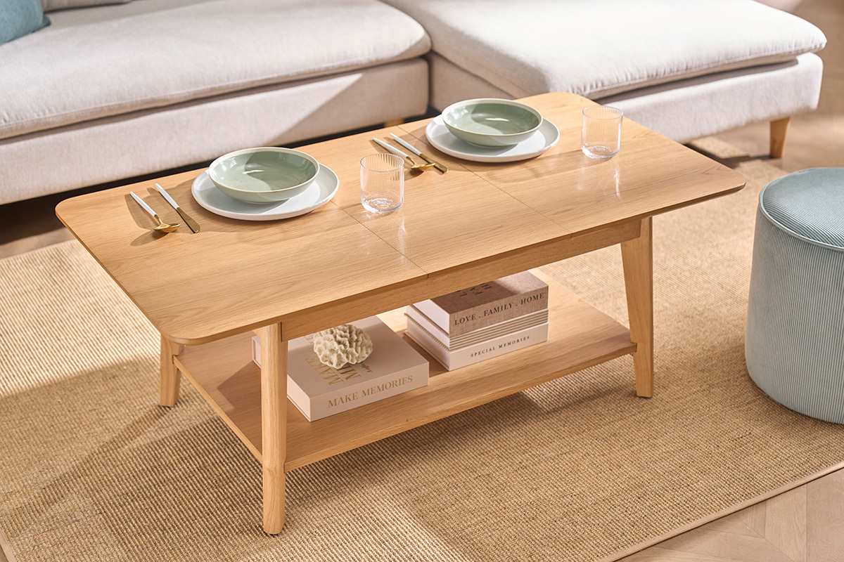 Rechteckiger ausziehbarer Couchtisch aus hellem Holz L90-120 cm VILI