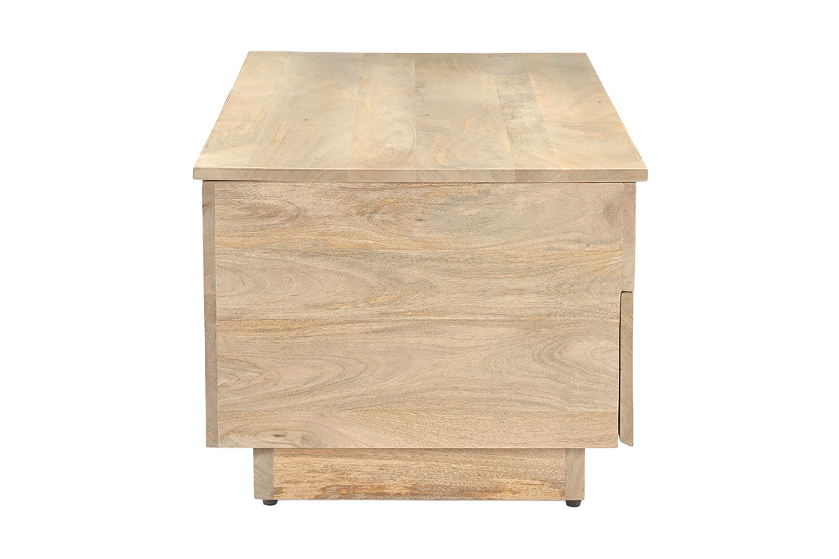 Rechteckiger Couchtisch mit anhebbbarer Platte aus hellem massivem Mangoholz, Seitenansicht