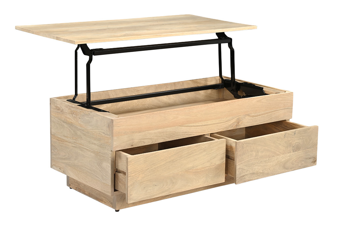 Rechteckiger, h�henverstellbarer Couchtisch aus hellem Massiv-Mango mit Stauraum und Schubladen, 3/4-Ansicht