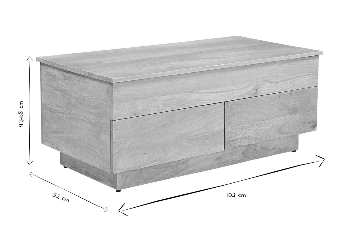 Rechteckiger ausziehbarer Couchtisch aus hellem Mangoholz Massivholz L102 cm NEXO