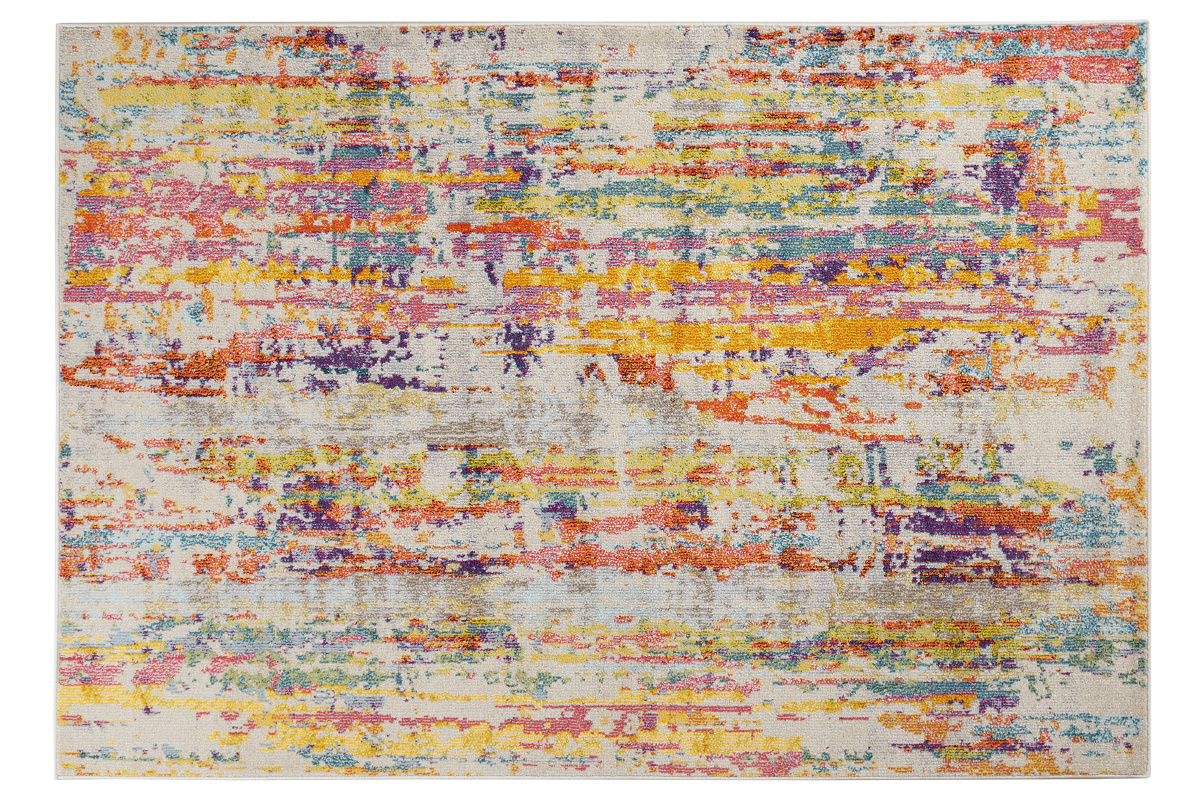 Rechteckiger, bunter Teppich 160 x 230 cm mit abstrakten Mustern und leuchtenden Farben, Draufsicht.