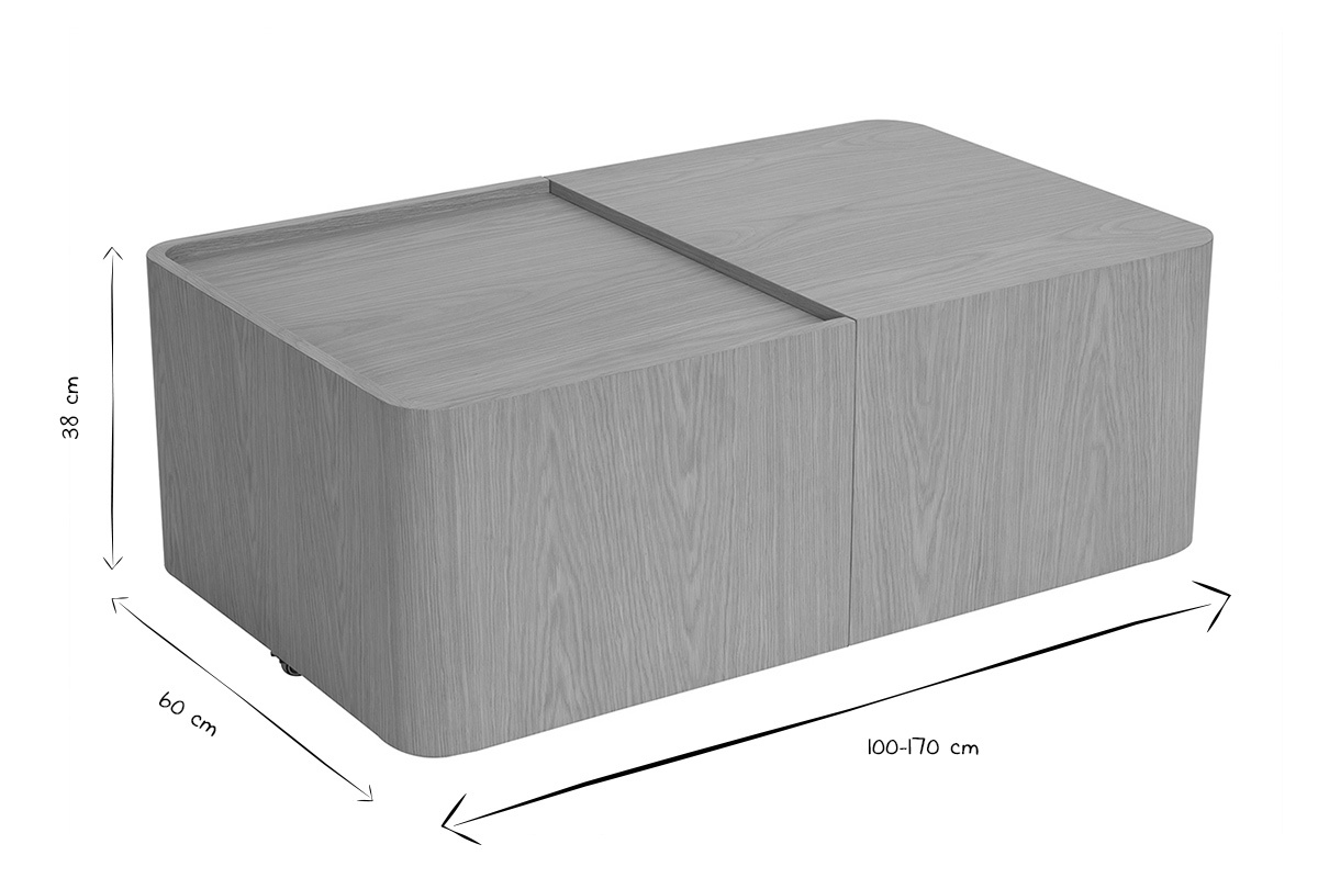 Abmessungen des BELLY Couchtischs in Schwarz und Wei�: L100-170 x T60 x H38 cm.