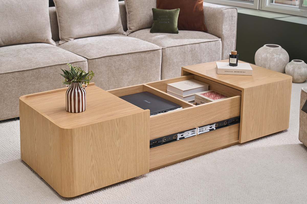 Rechteckiger Couchtisch aus hellem Eichenholz mit Stauraum L100 cm BELLY