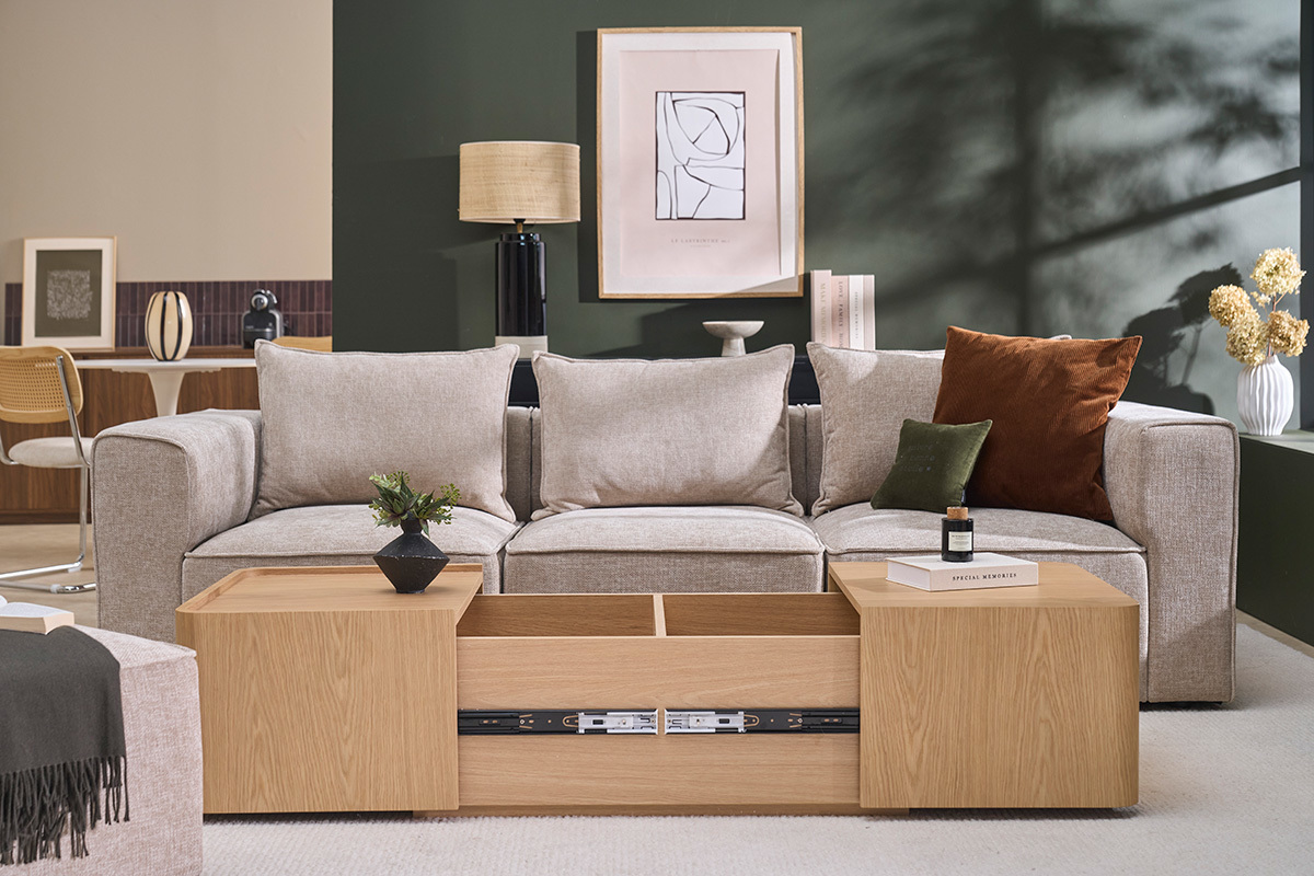 Rechteckiger Couchtisch aus hellem Eichenholz mit Stauraum L100 cm BELLY