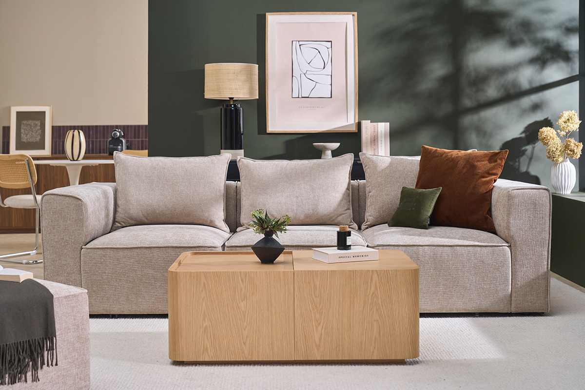 Rechteckiger Couchtisch aus hellem Eichenholz mit Stauraum L100 cm BELLY