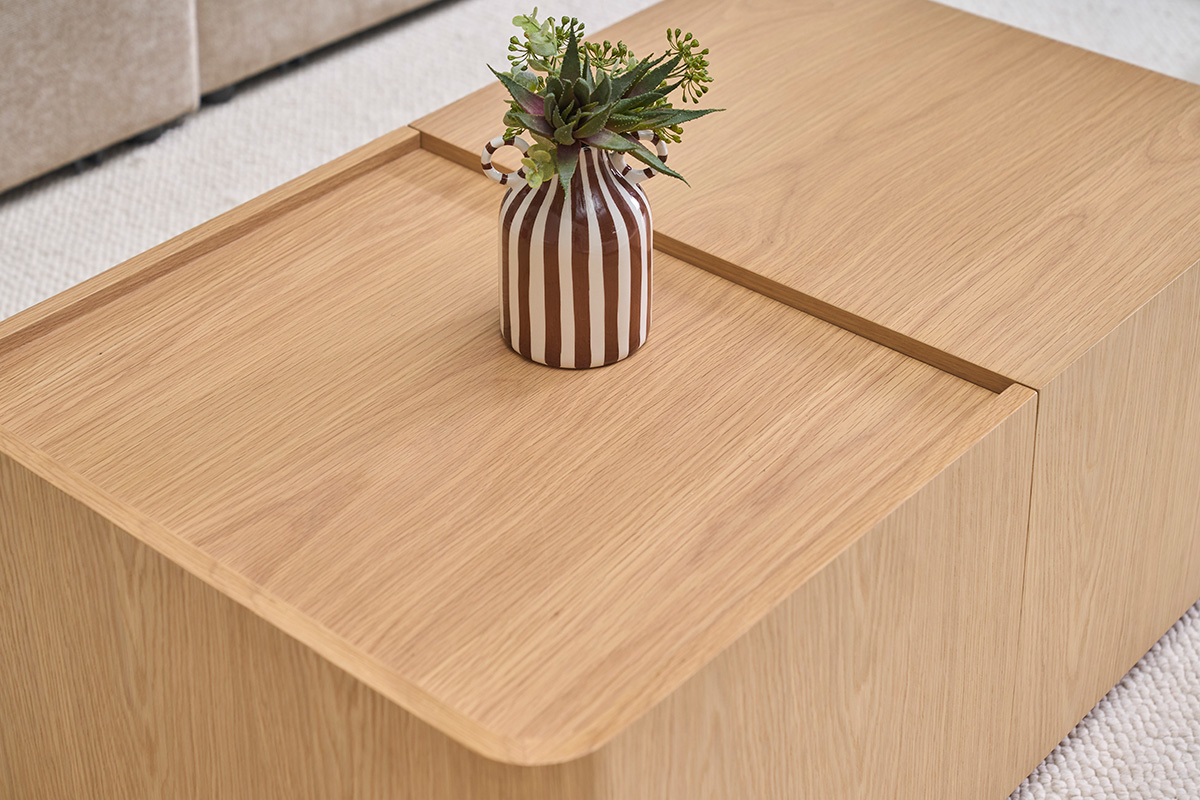 Rechteckiger Couchtisch aus hellem Eichenholz mit Stauraum L100 cm BELLY