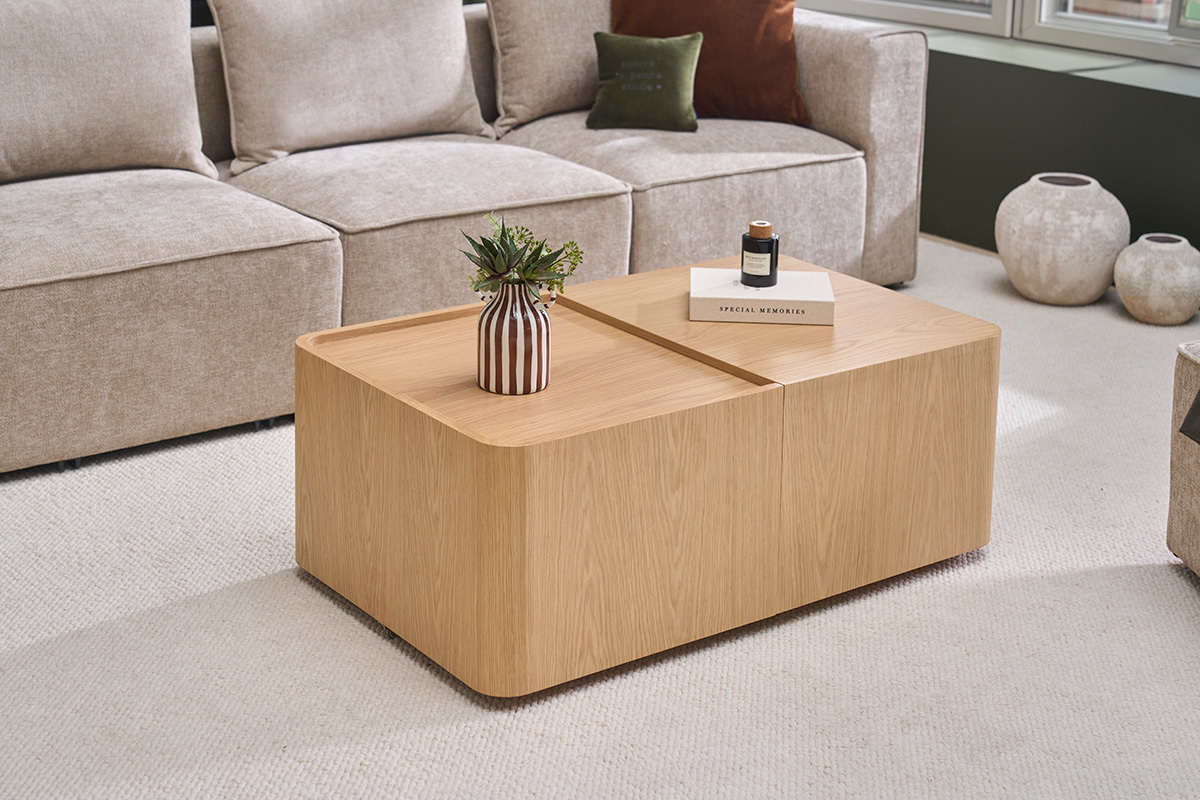 Rechteckiger Couchtisch aus hellem Eichenholz mit Stauraum L100 cm BELLY
