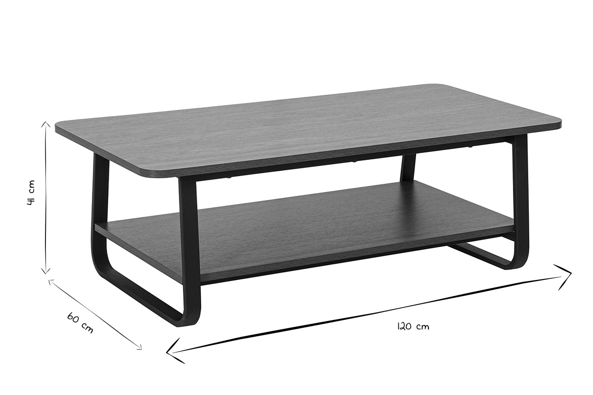 Rechteckiger Couchtisch mit den Ma�en 120x60x44 cm, Holz- und Metallfinish, Perspektivansicht, schwarz und wei�.