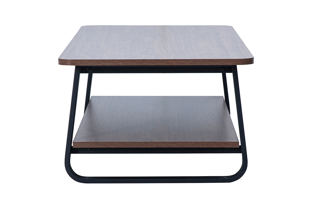 Rechteckiger niedriger Tisch aus Walnussholz und Metall, Seitenansicht, Doppelplatte.