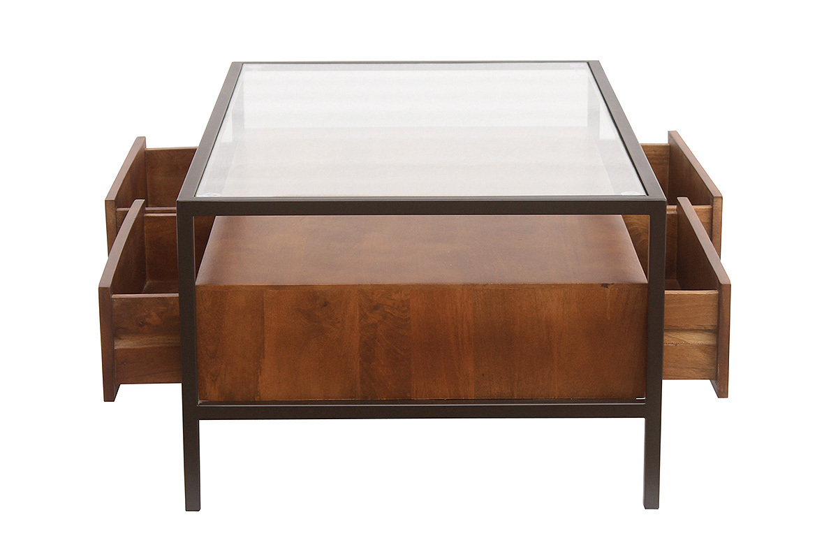 Rechteckiger Couchtisch SITA aus Mangoholz, schwarzem Metall und Glas, Seitenansicht mit ge�ffneten Schubladen.