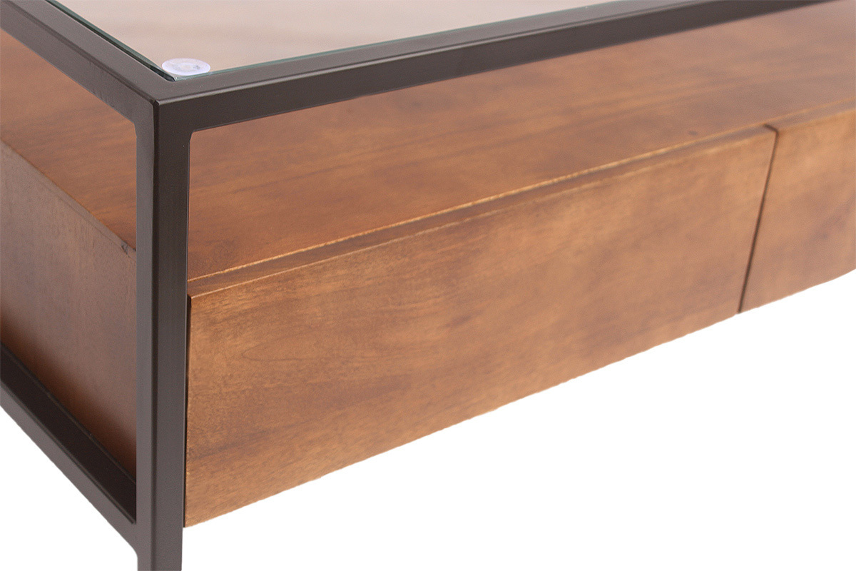 Rechteckiger Couchtisch SITA aus massivem Mangoholz mit Stauraum, schwarzem Metall und Glas, Nahaufnahme.
