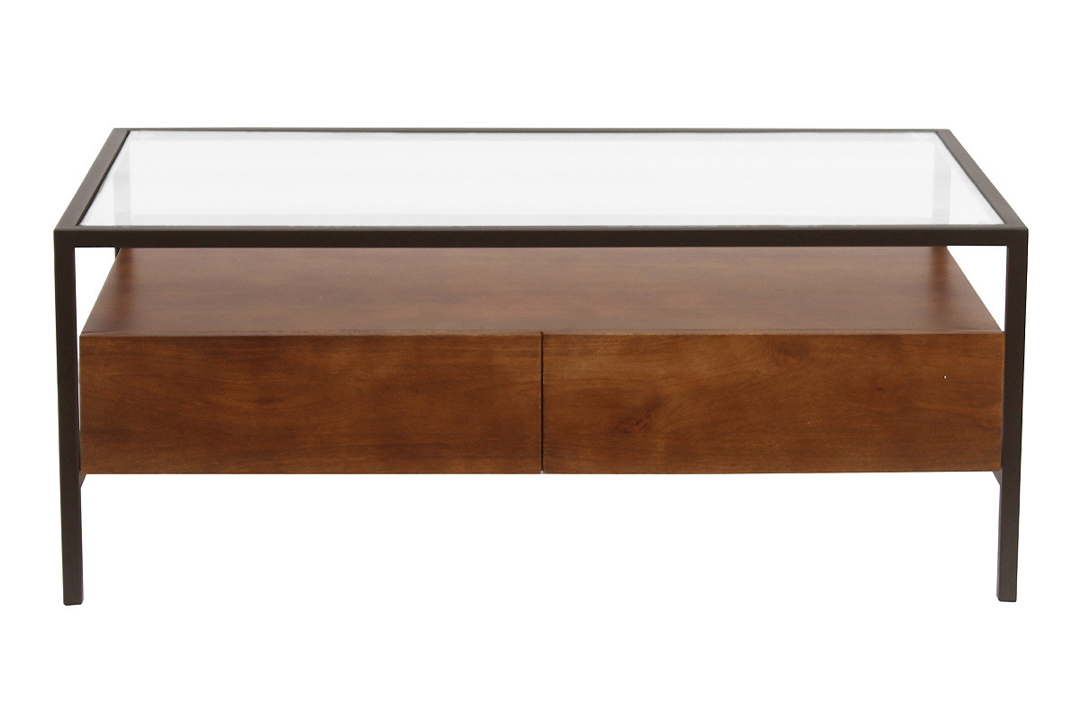 Rechteckiger Couchtisch mit Stauraum aus dunklem Holz, Glas und schwarzem Metall, Vorderansicht.