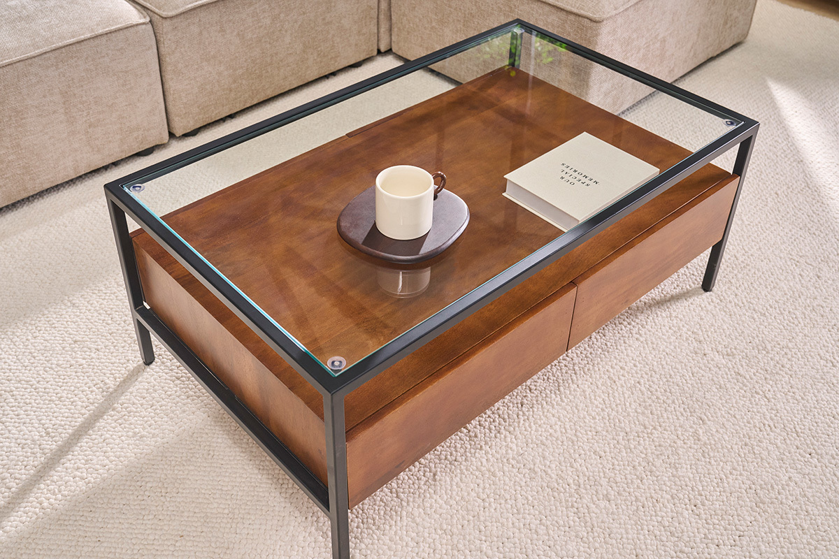 Rechteckiger Couchtisch mit Ablagen aus dunklem massivem Mangoholz, Glas und schwarzem Metall L100 cm SITA