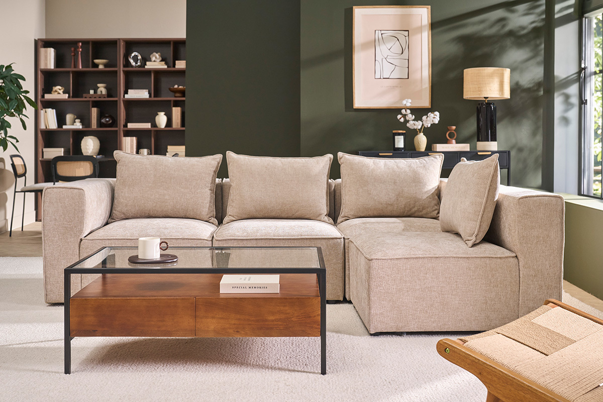 Rechteckiger Couchtisch mit Ablagen aus dunklem massivem Mangoholz, Glas und schwarzem Metall L100 cm SITA