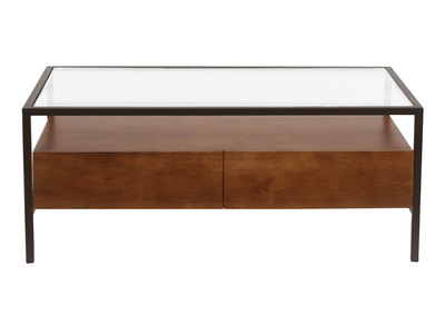 Rechteckiger Couchtisch mit Ablagen aus dunklem massivem Mangoholz, Glas und schwarzem Metall L100 cm SITA