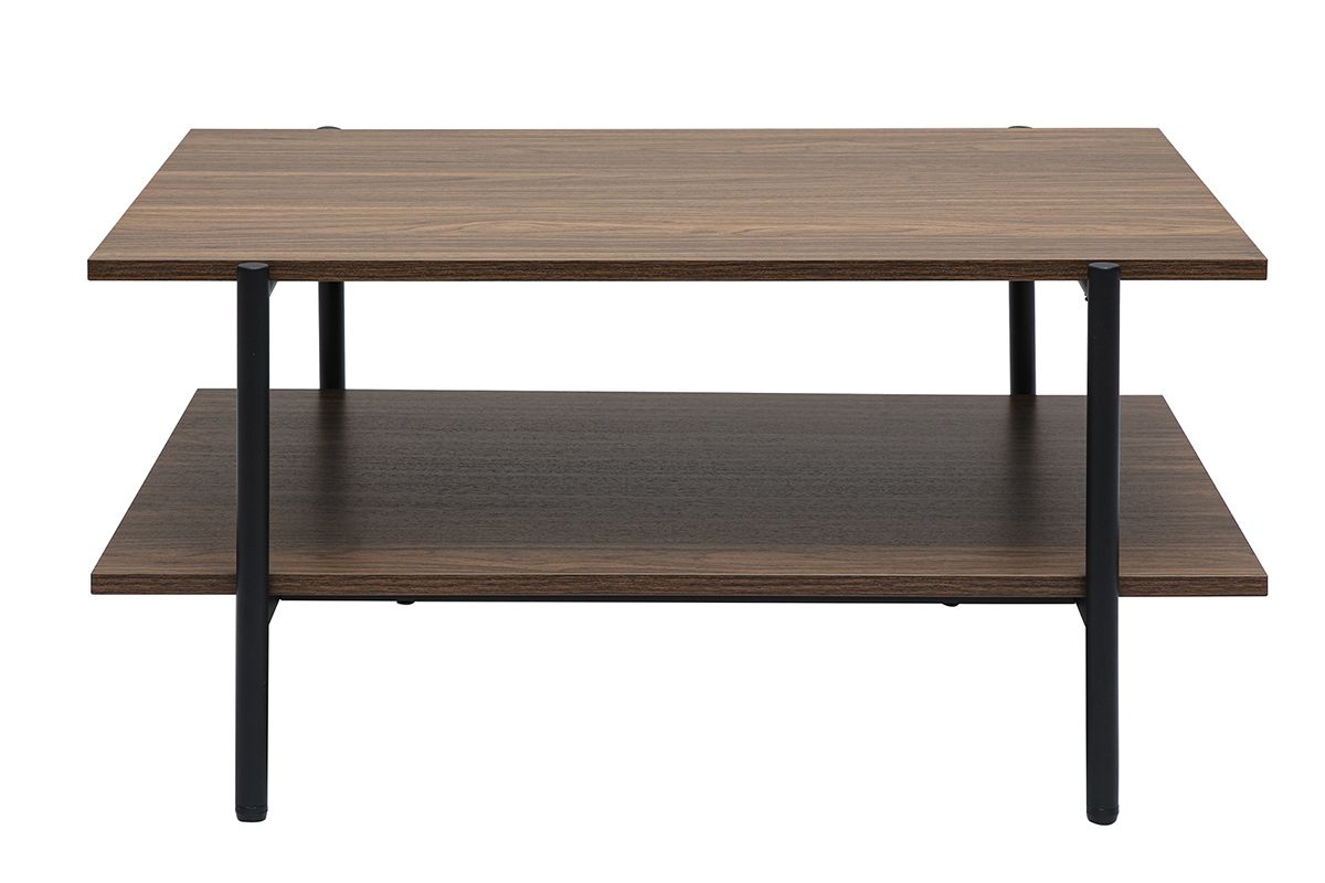 Rechteckiger Couchtisch aus dunklem Walnussholz und schwarzem Metall, Vorderansicht, L80 cm.
