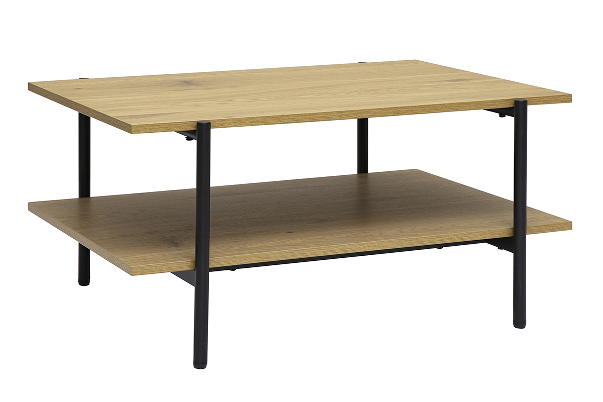 Rechteckiger Couchtisch mit heller Eichenholz- und schwarzer Metalloberfl�che, 3/4-Ansicht.