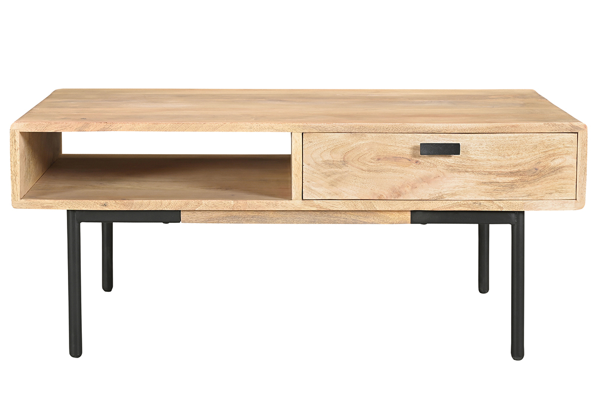 Rechteckiger Couchtisch mit Stauraum 2 Schubladen aus hellem, massiven Mangoholz und schwarzem Metall B 100cm JUDE