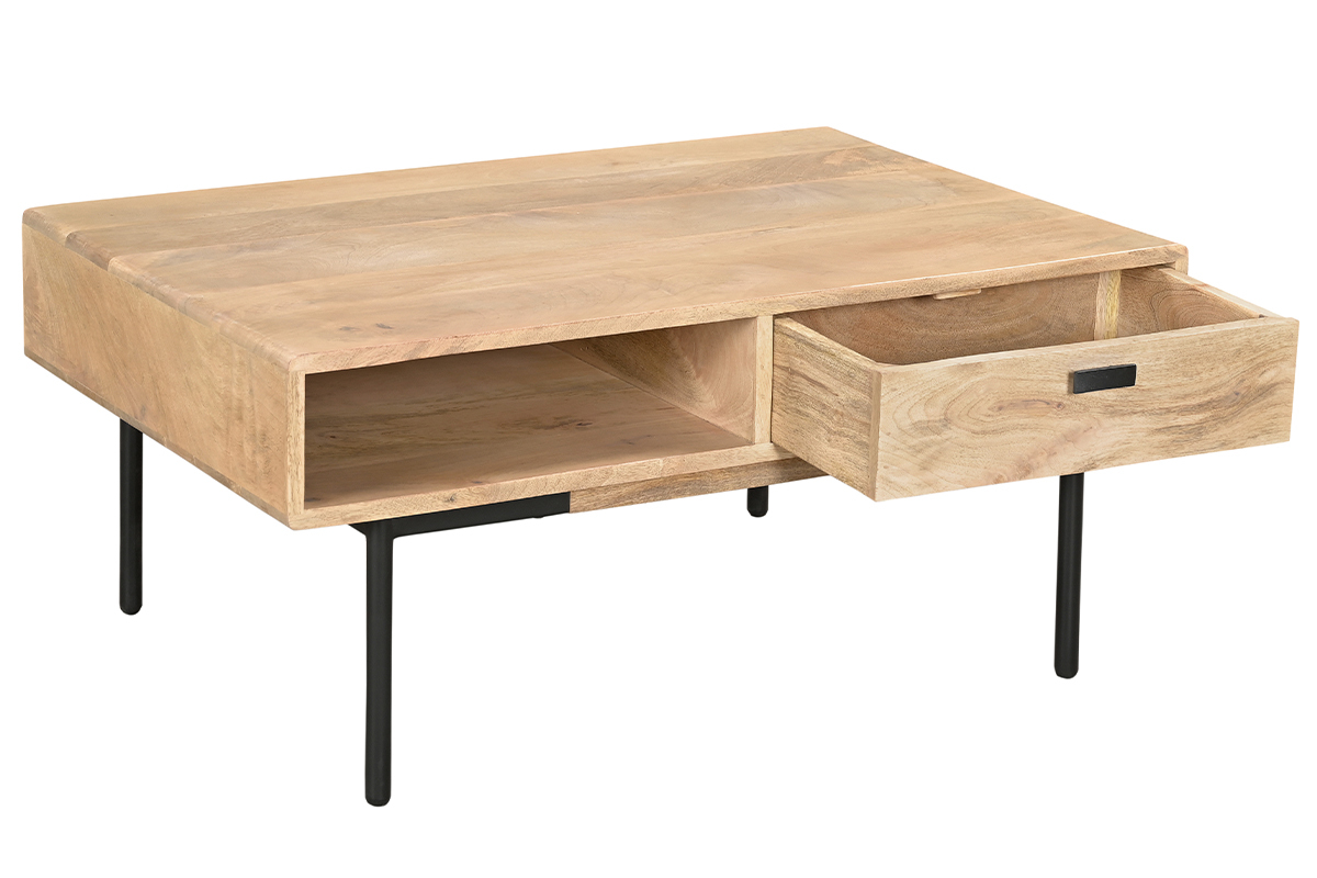 Rechteckiger Couchtisch mit Stauraum 2 Schubladen aus hellem, massiven Mangoholz und schwarzem Metall B 100cm JUDE
